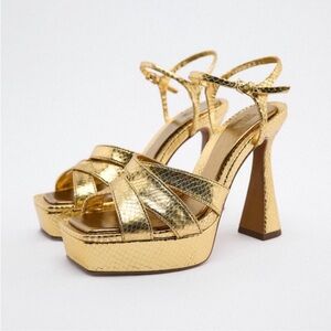 Gold Platform Heeled Sandals Worn Once